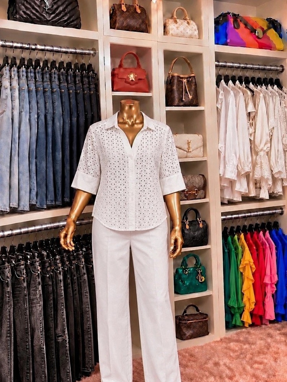 Women's White Eyelet Button-Up Blouse